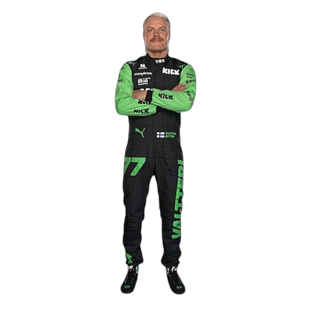 Valtteri Bottas 2024 Kick Sauber Formula 1 green and black race suit with sponsor logos and team detailing
