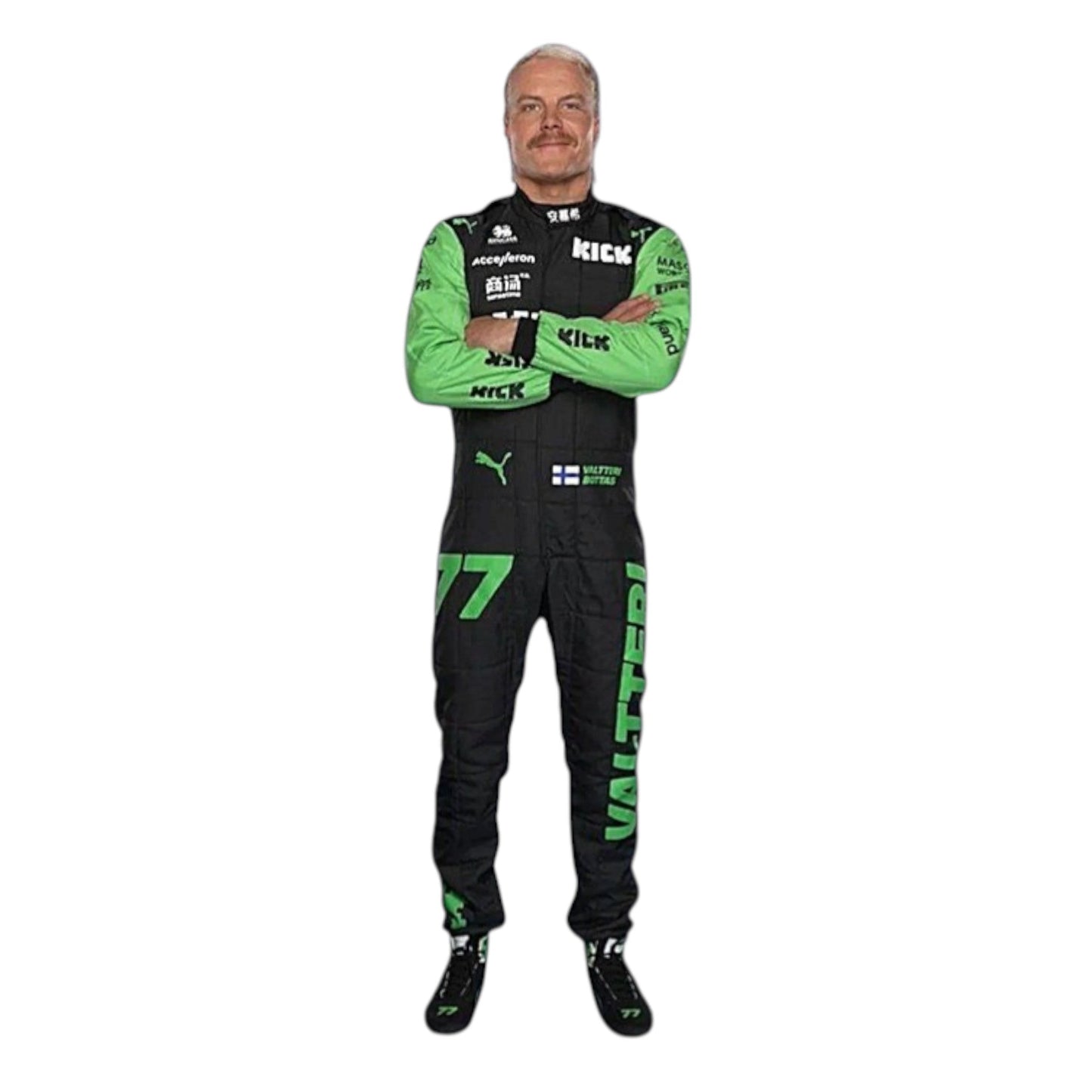 Valtteri Bottas 2024 Kick Sauber Formula 1 green and black race suit with sponsor logos and team detailing