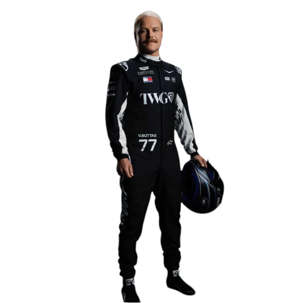 Valtteri Bottas 2026 Cadillac F1 race suit in black with white accents and sponsor logos