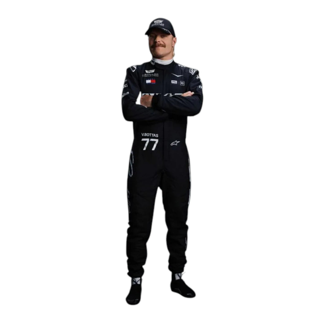 Valtteri Bottas 2026 Cadillac F1 race suit in black with white accents and sponsor logos