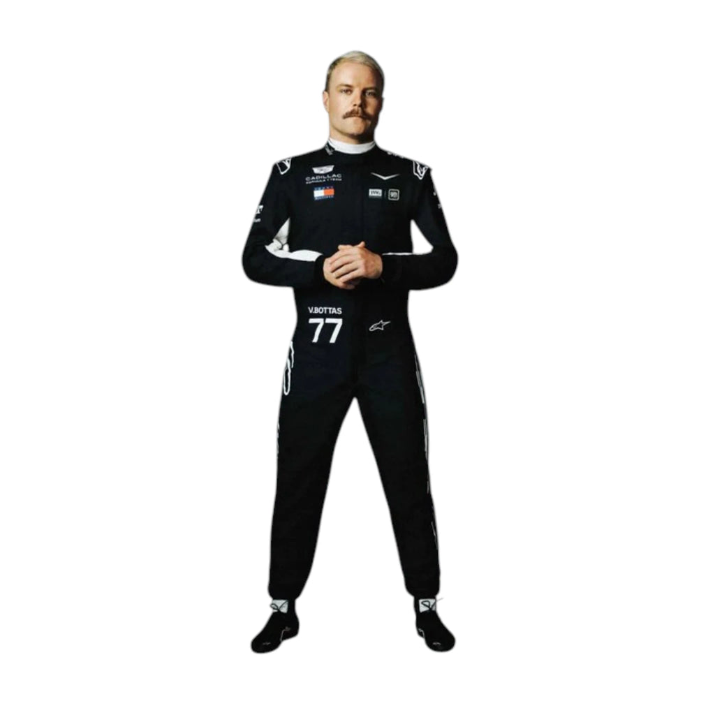 Valtteri Bottas 2026 Cadillac F1 race suit in black with white accents and sponsor logos