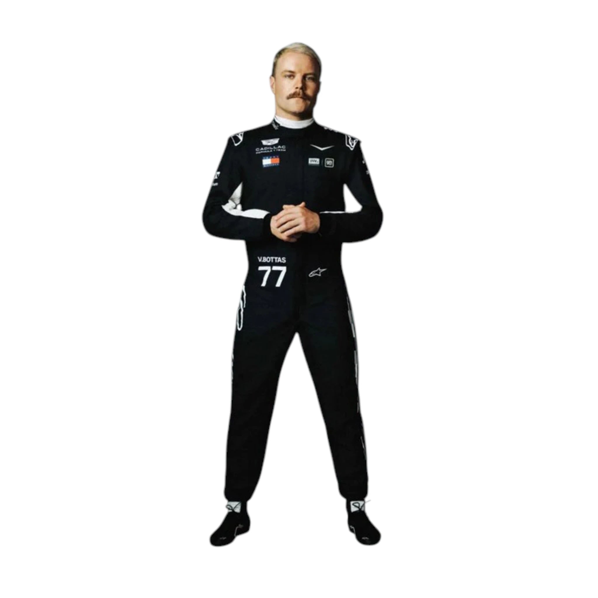 Valtteri Bottas 2026 Cadillac F1 race suit in black with white accents and sponsor logos