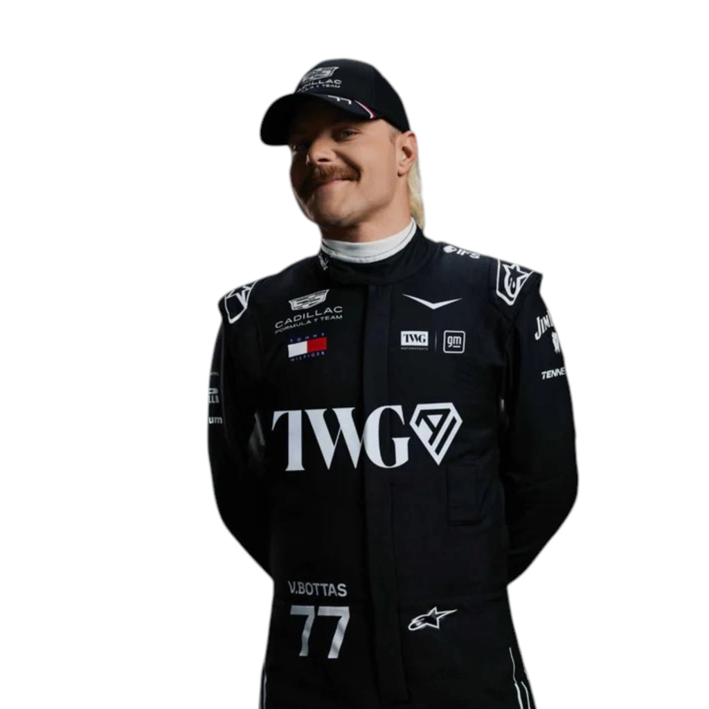 Valtteri Bottas 2026 Cadillac F1 race suit in black with white accents and sponsor logos
