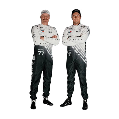 Valtteri Bottas 2026 Cadillac Miami GP F1 Racing Suit in black and white featuring Cadillac team branding, sponsor logos, and star detailing