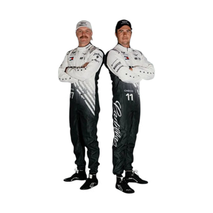 Valtteri Bottas 2026 Cadillac Miami GP F1 Racing Suit in black and white featuring Cadillac team branding, sponsor logos, and star detailing