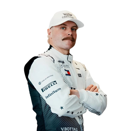 Valtteri Bottas 2026 Cadillac Miami GP F1 Racing Suit in black and white featuring Cadillac team branding, sponsor logos, and star detailing