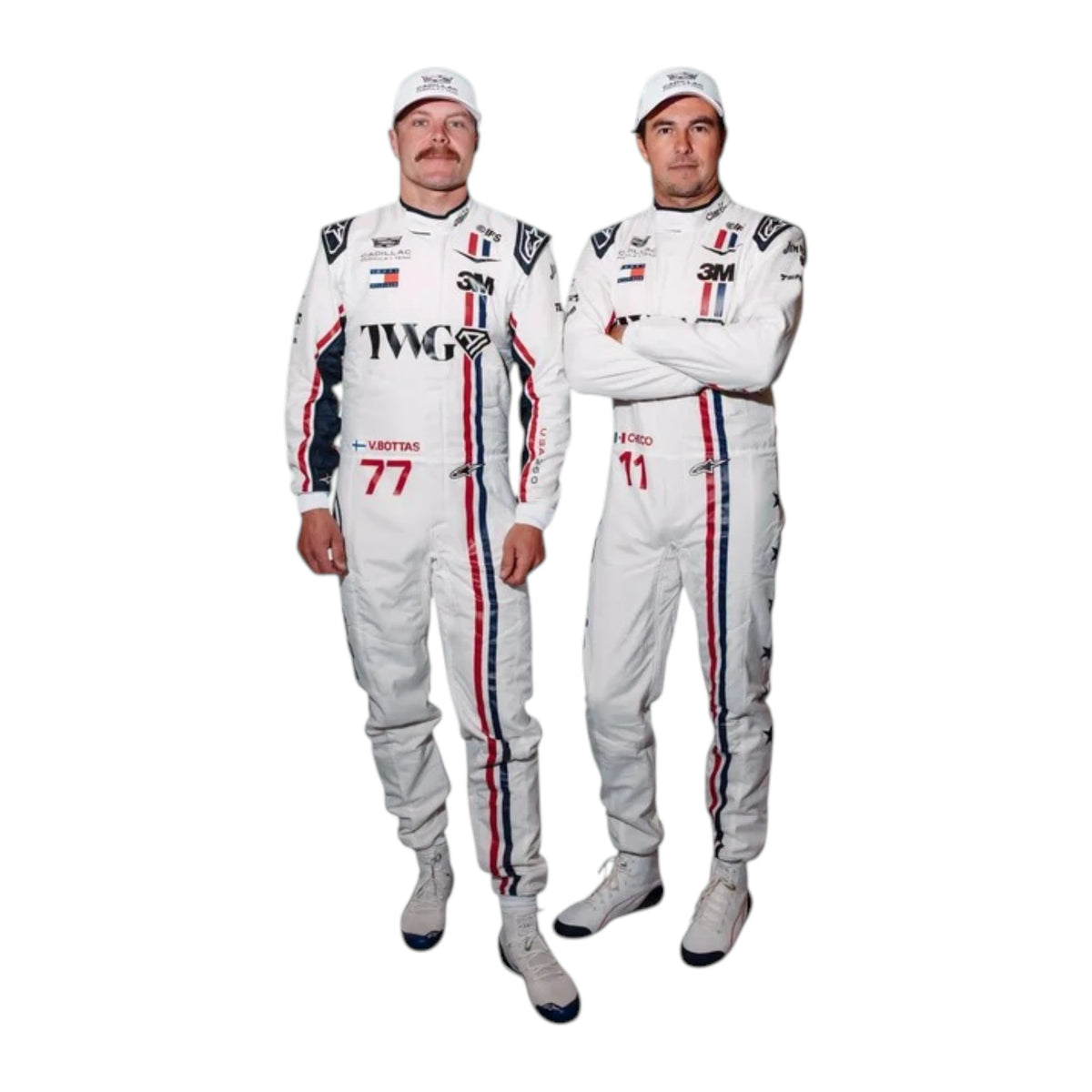 Valtteri Bottas 2026 Cadillac Silverstone British GP F1 Racing Suit in white featuring Cadillac team branding, sponsor logos, and red and blue racing stripes
