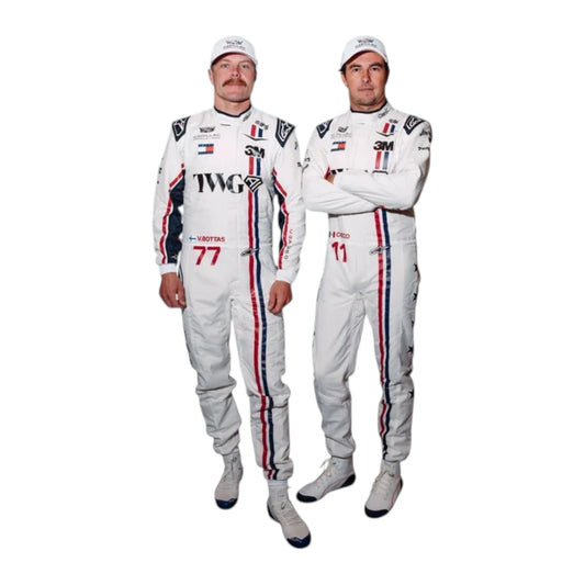 Valtteri Bottas 2026 Cadillac Silverstone British GP F1 Racing Suit in white featuring Cadillac team branding, sponsor logos, and red and blue racing stripes
