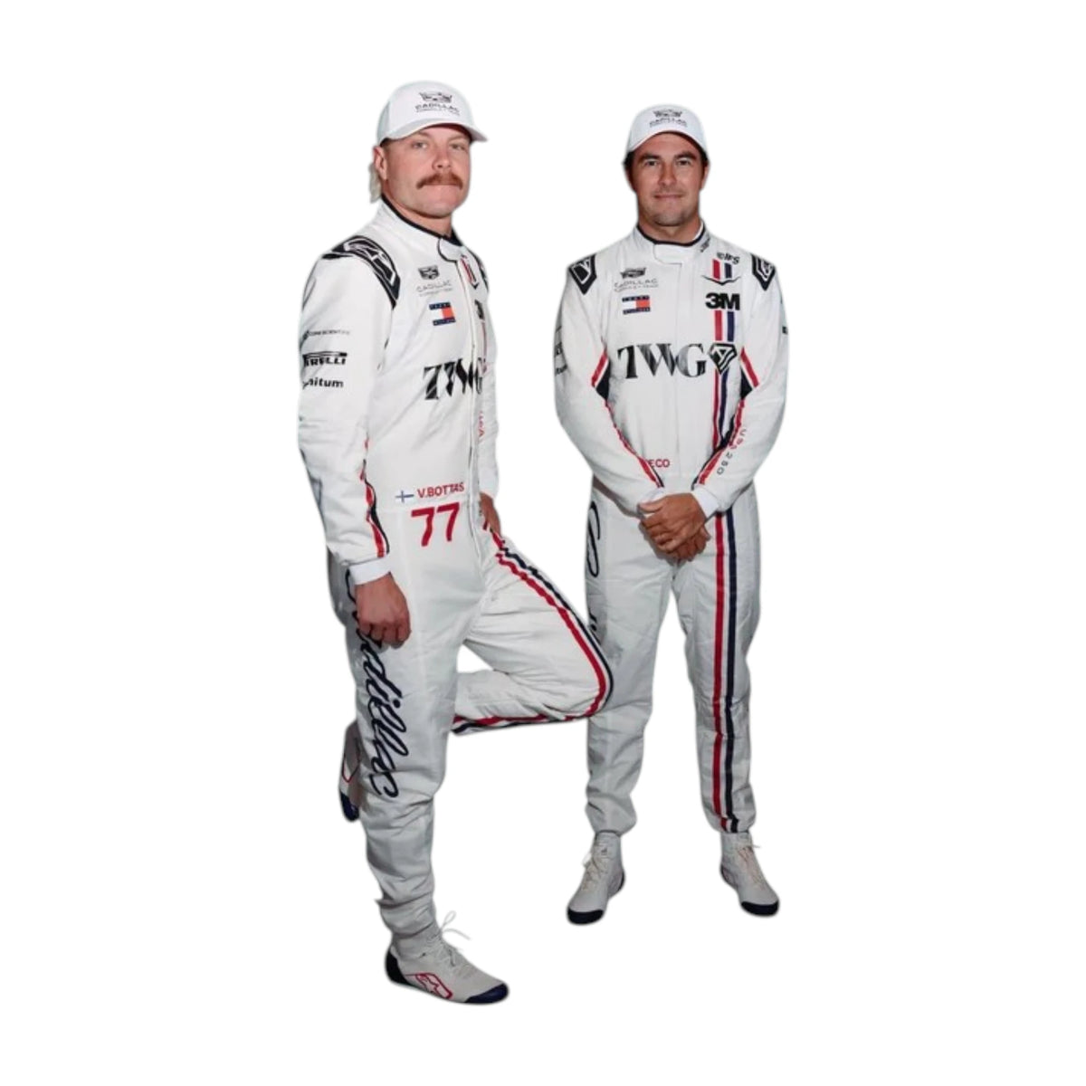 Valtteri Bottas 2026 Cadillac Silverstone British GP F1 Racing Suit in white featuring Cadillac team branding, sponsor logos, and red and blue racing stripes