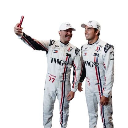 Valtteri Bottas 2026 Cadillac Silverstone British GP F1 Racing Suit in white featuring Cadillac team branding, sponsor logos, and red and blue racing stripes