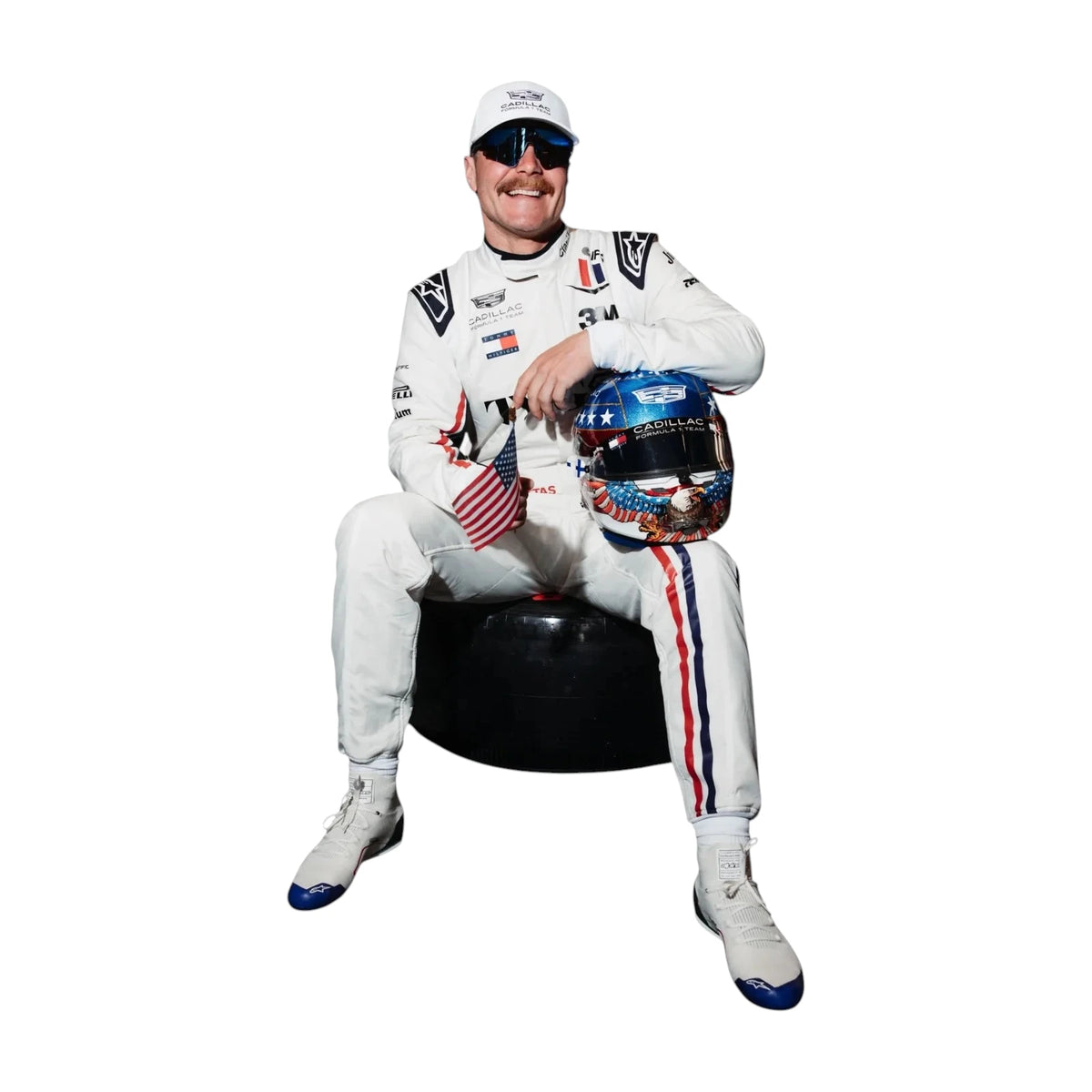 Valtteri Bottas 2026 Cadillac Silverstone British GP F1 Racing Suit in white featuring Cadillac team branding, sponsor logos, and red and blue racing stripes