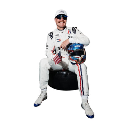 Valtteri Bottas 2026 Cadillac Silverstone British GP F1 Racing Suit in white featuring Cadillac team branding, sponsor logos, and red and blue racing stripes