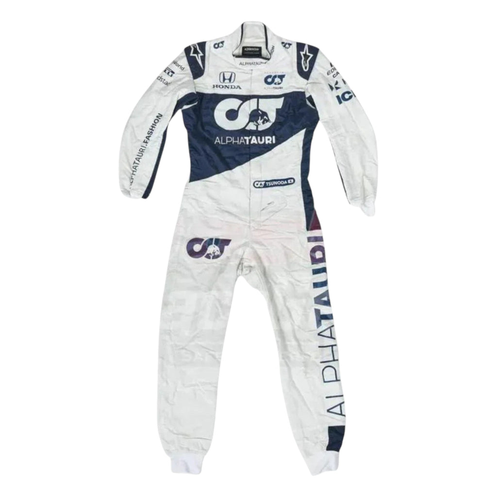 Yuki Tsunoda 2021 AlphaTauri F1 race suit in white and navy blue with sponsor logos