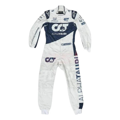 Yuki Tsunoda 2021 AlphaTauri F1 race suit in white and navy blue with sponsor logos