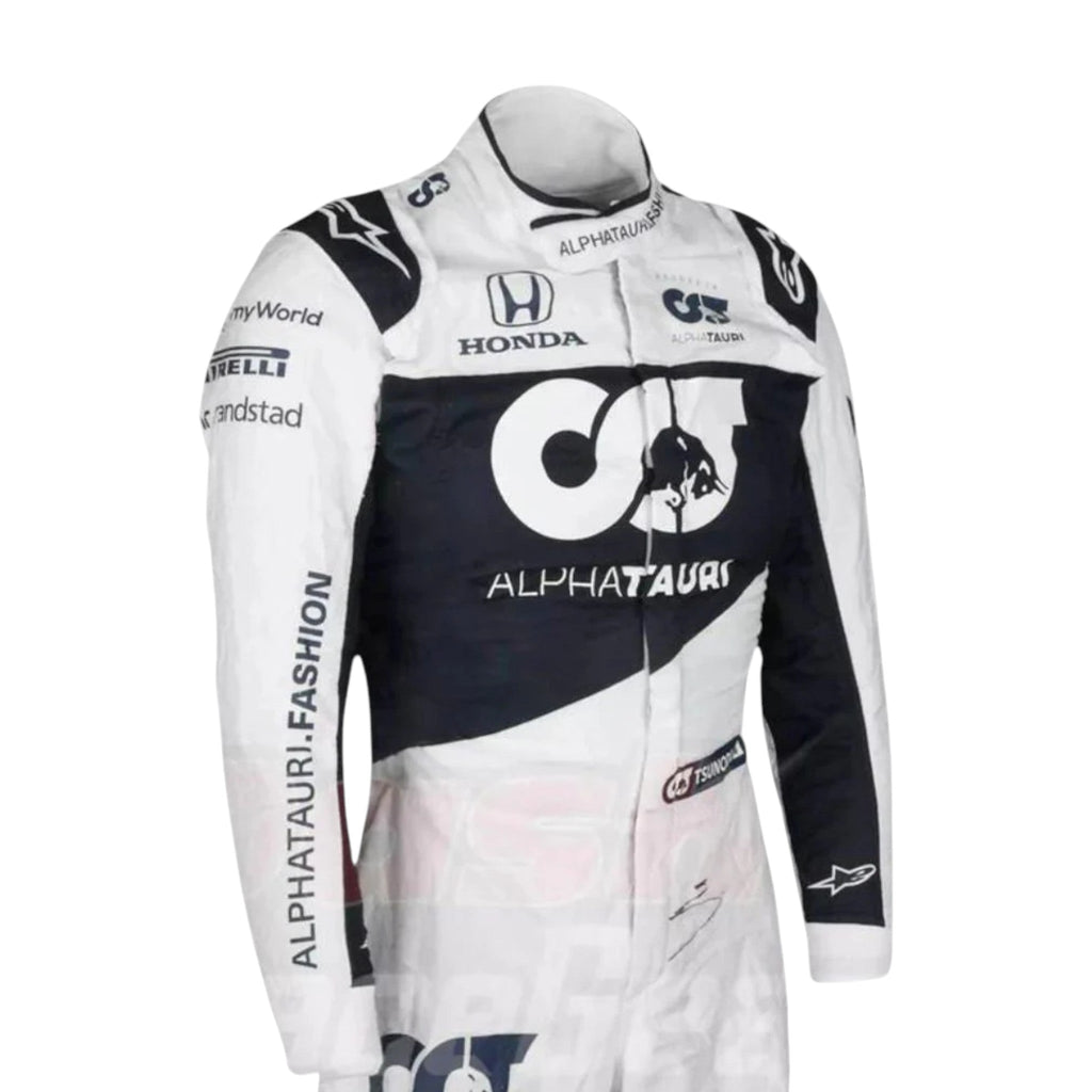 Yuki Tsunoda 2021 AlphaTauri F1 race suit in white and navy blue with sponsor logos