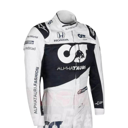Yuki Tsunoda 2021 AlphaTauri F1 race suit in white and navy blue with sponsor logos
