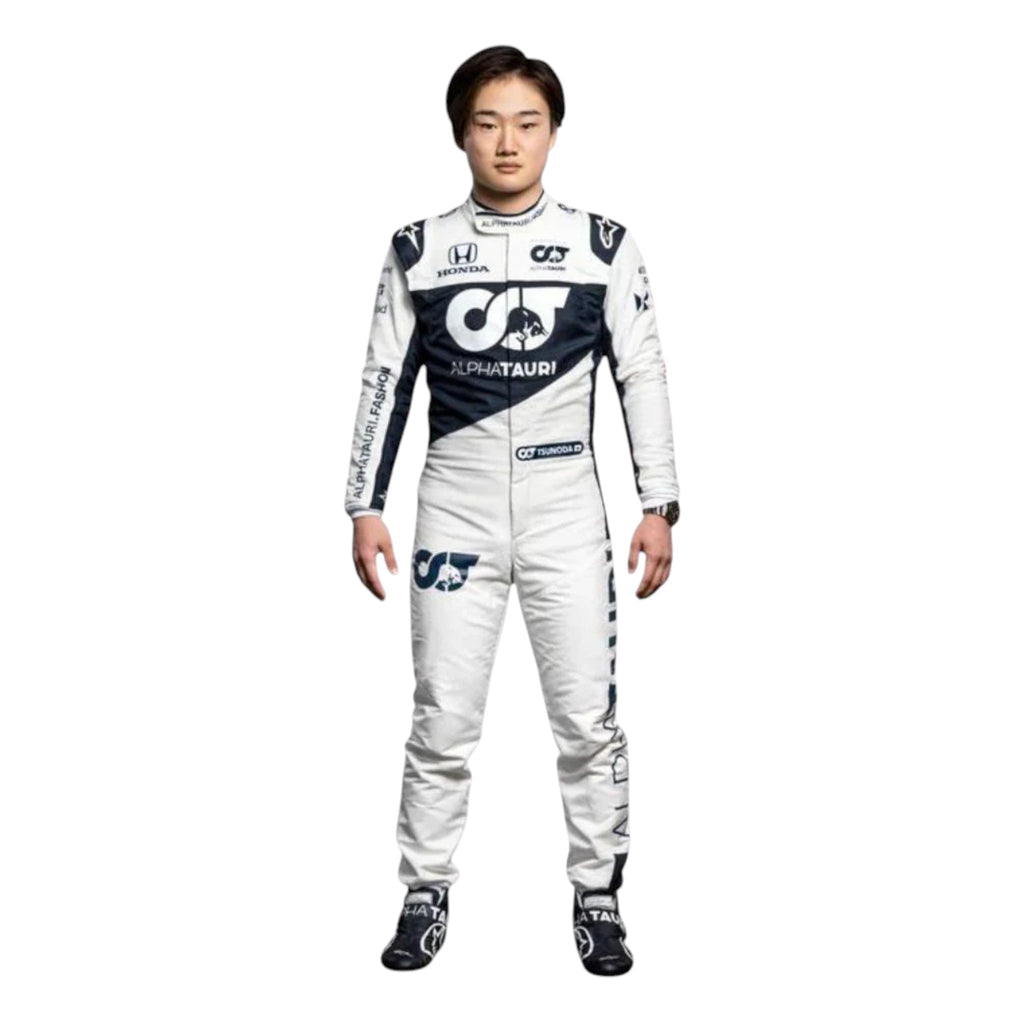 Yuki Tsunoda 2021 AlphaTauri F1 race suit in white and navy blue with sponsor logos