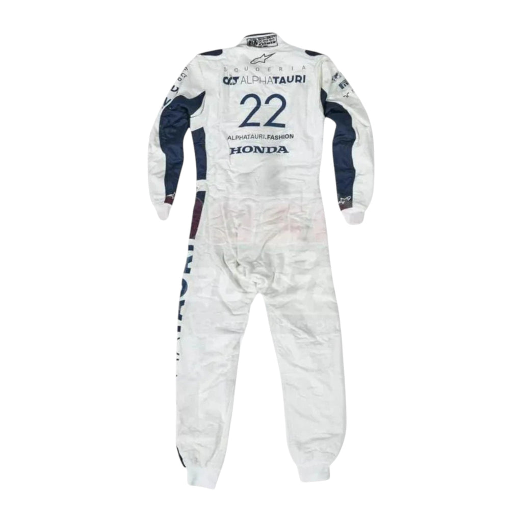 Yuki Tsunoda 2021 AlphaTauri F1 race suit in white and navy blue with sponsor logos