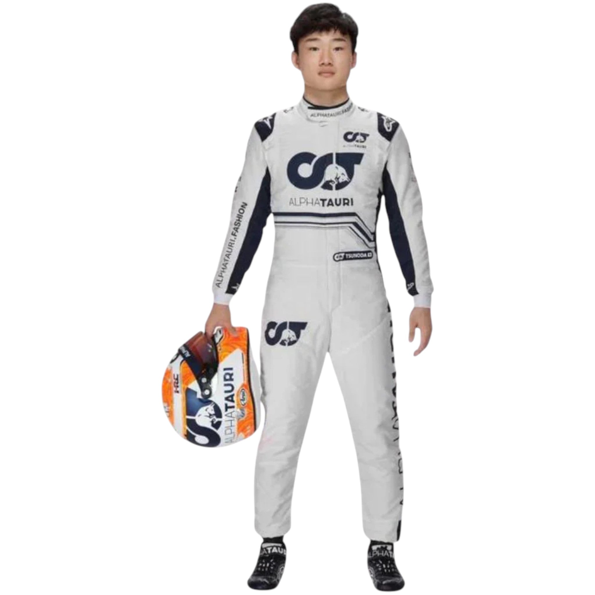 Yuki Tsunoda 2022 AlphaTauri F1 race suit in white and navy blue with sponsor logos