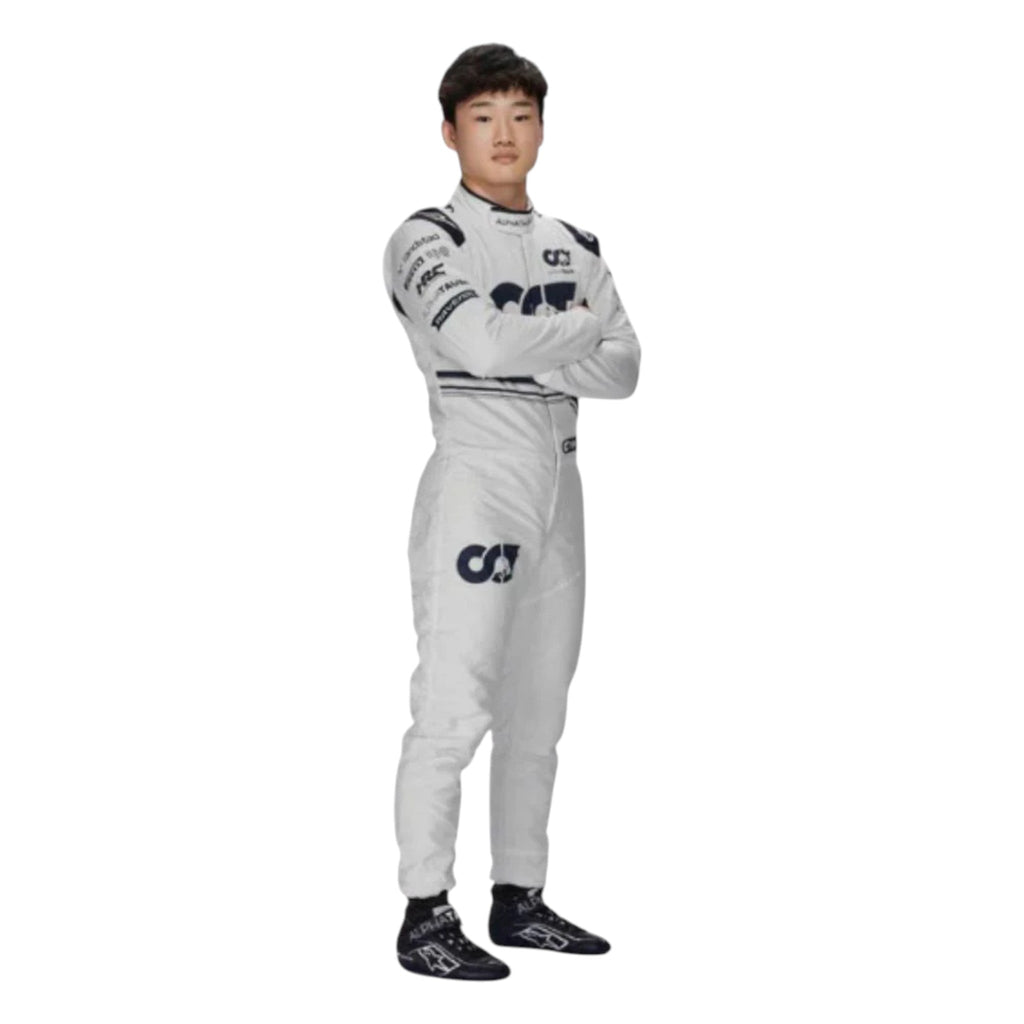 Yuki Tsunoda 2022 AlphaTauri F1 race suit in white and navy blue with sponsor logos