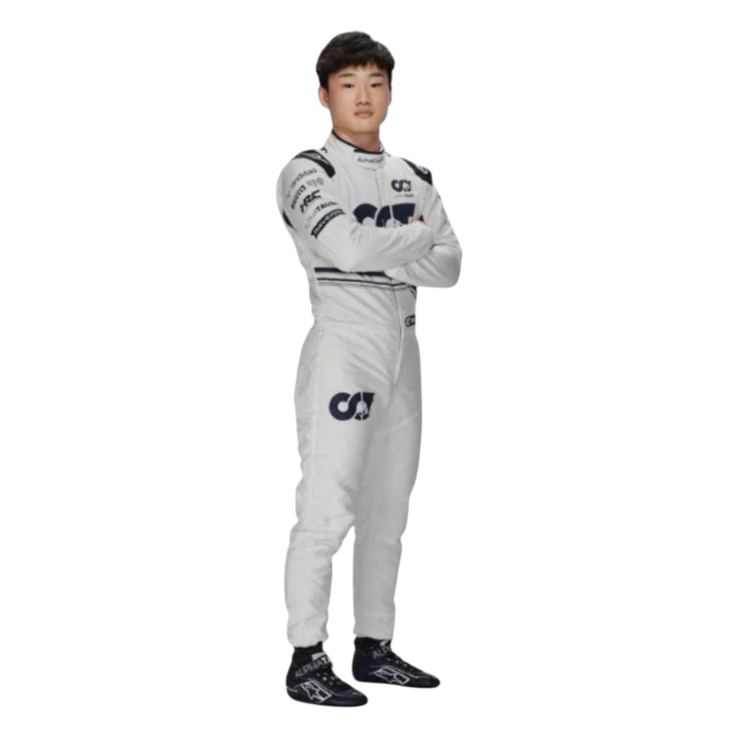 Yuki Tsunoda 2022 AlphaTauri F1 race suit in white and navy blue with sponsor logos