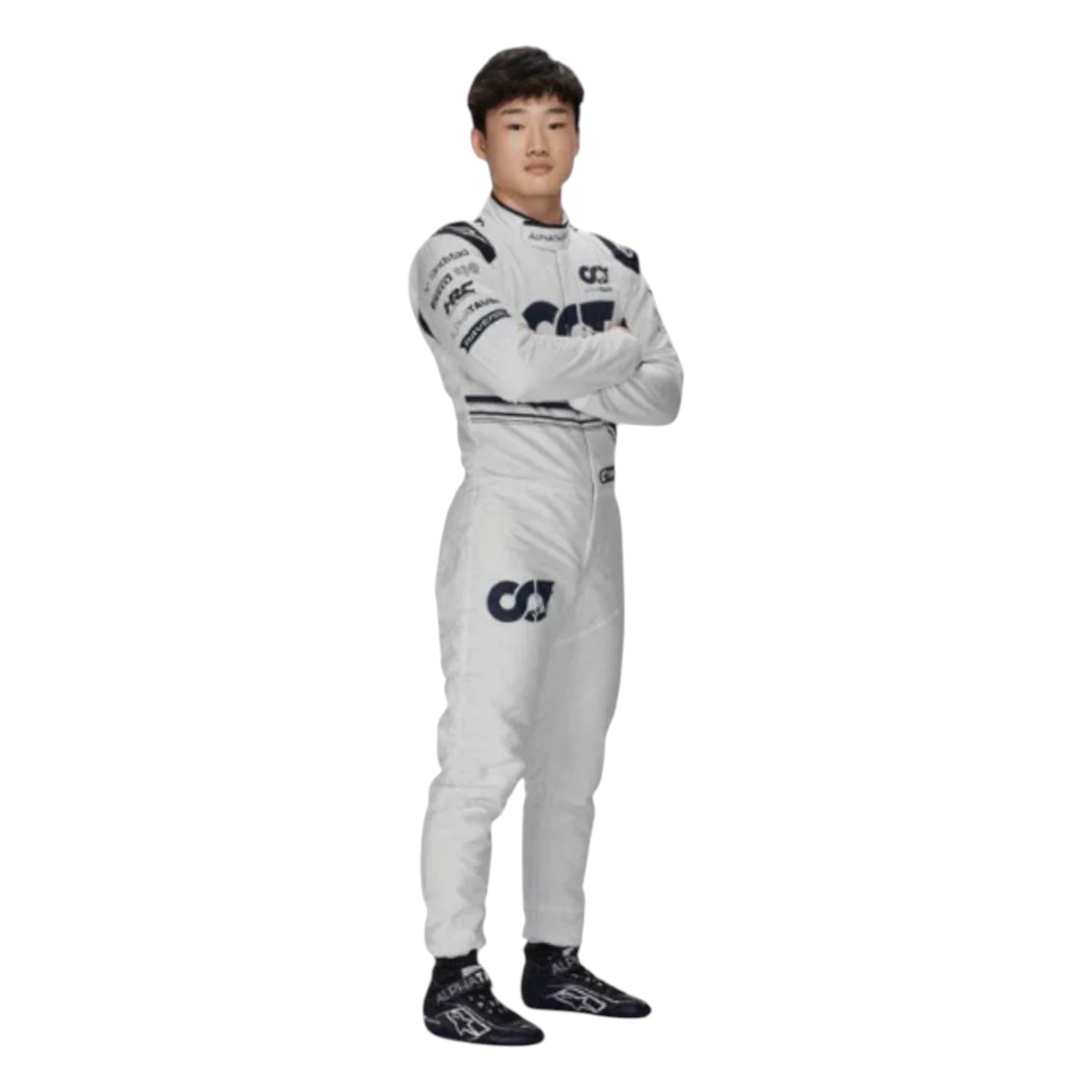 Yuki Tsunoda 2022 AlphaTauri F1 race suit in white and navy blue with sponsor logos