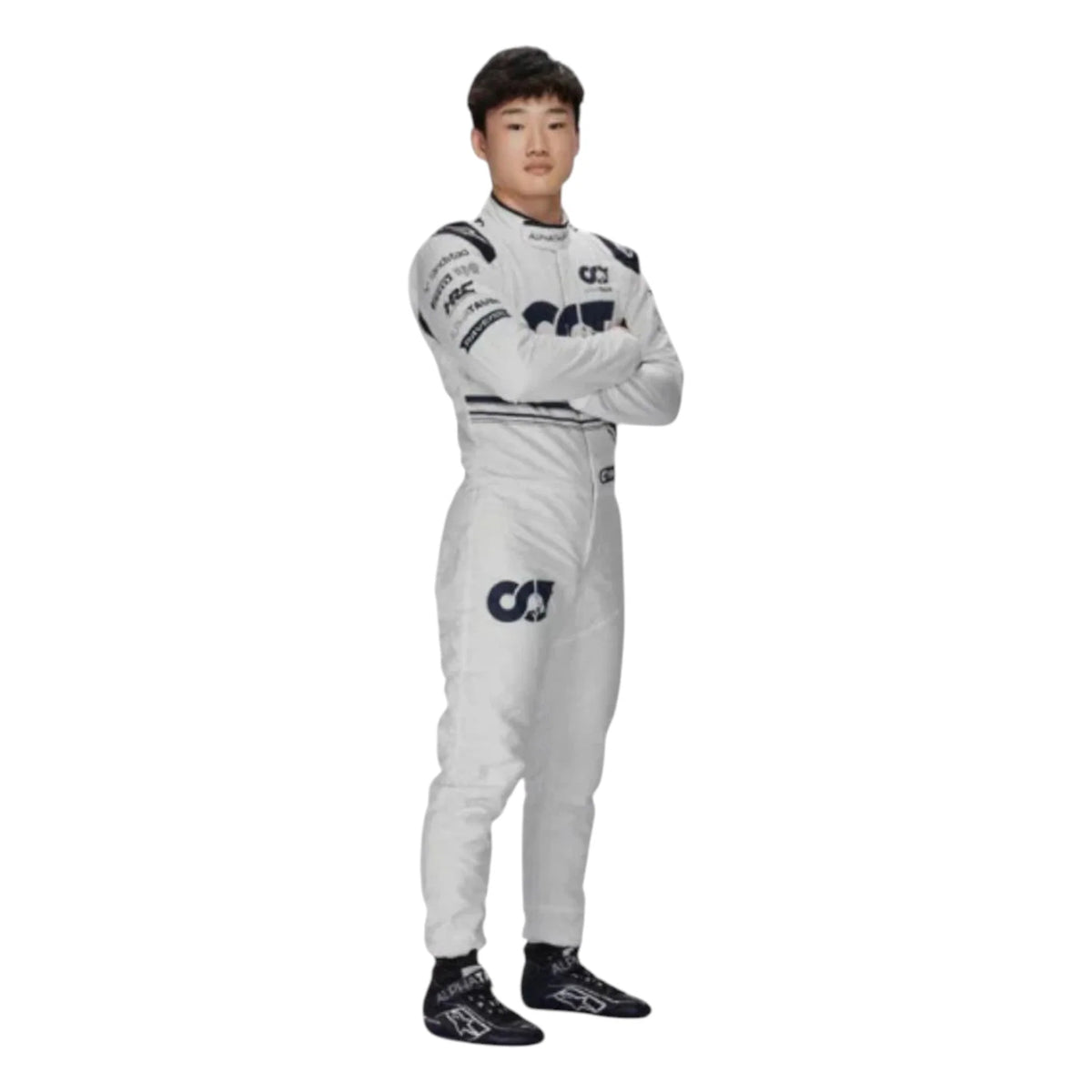 Yuki Tsunoda 2022 AlphaTauri F1 race suit in white and navy blue with sponsor logos