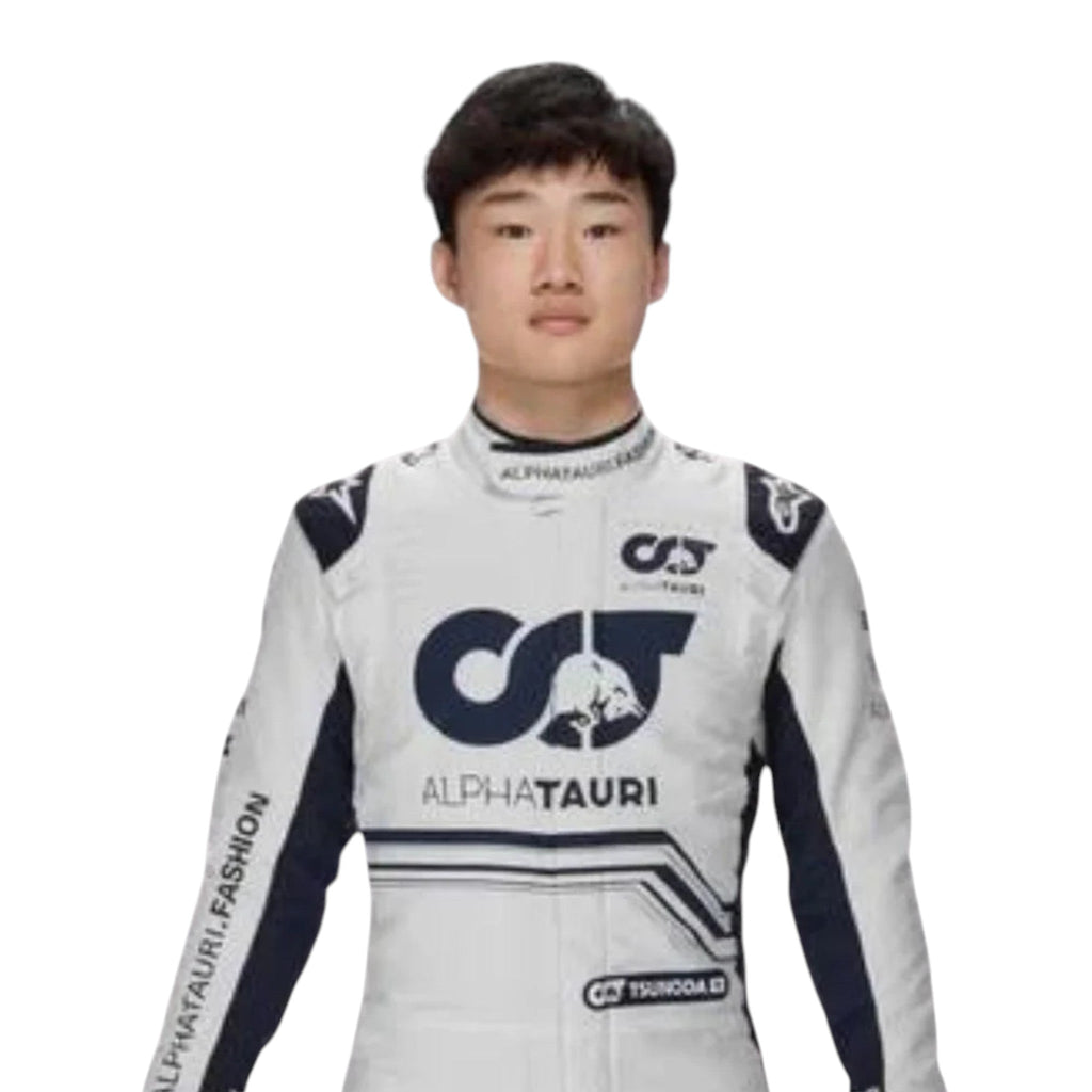 Yuki Tsunoda 2022 AlphaTauri F1 race suit in white and navy blue with sponsor logos