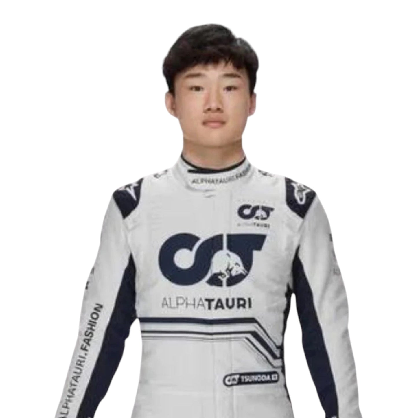 Yuki Tsunoda 2022 AlphaTauri F1 race suit in white and navy blue with sponsor logos