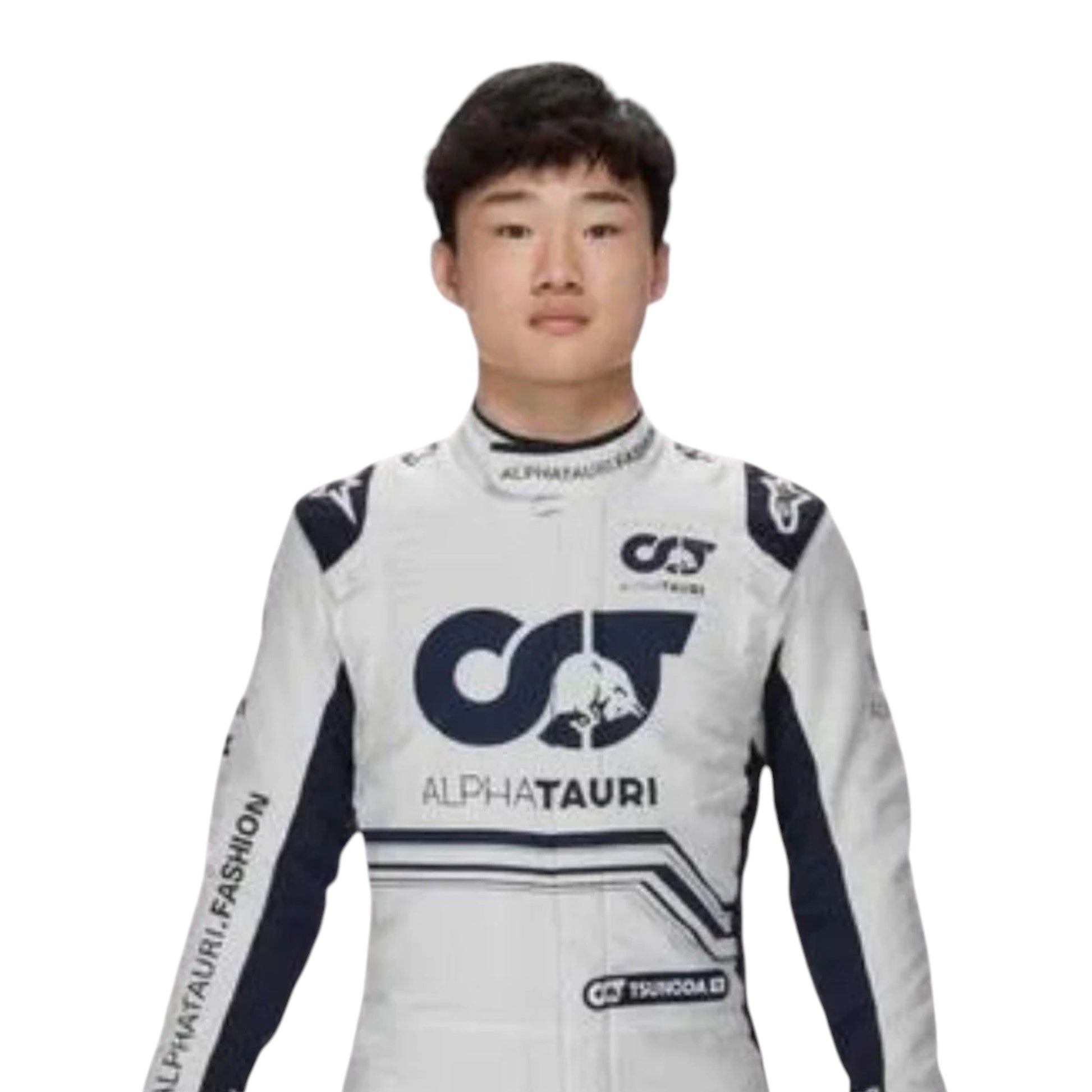 Yuki Tsunoda 2022 AlphaTauri F1 race suit in white and navy blue with sponsor logos
