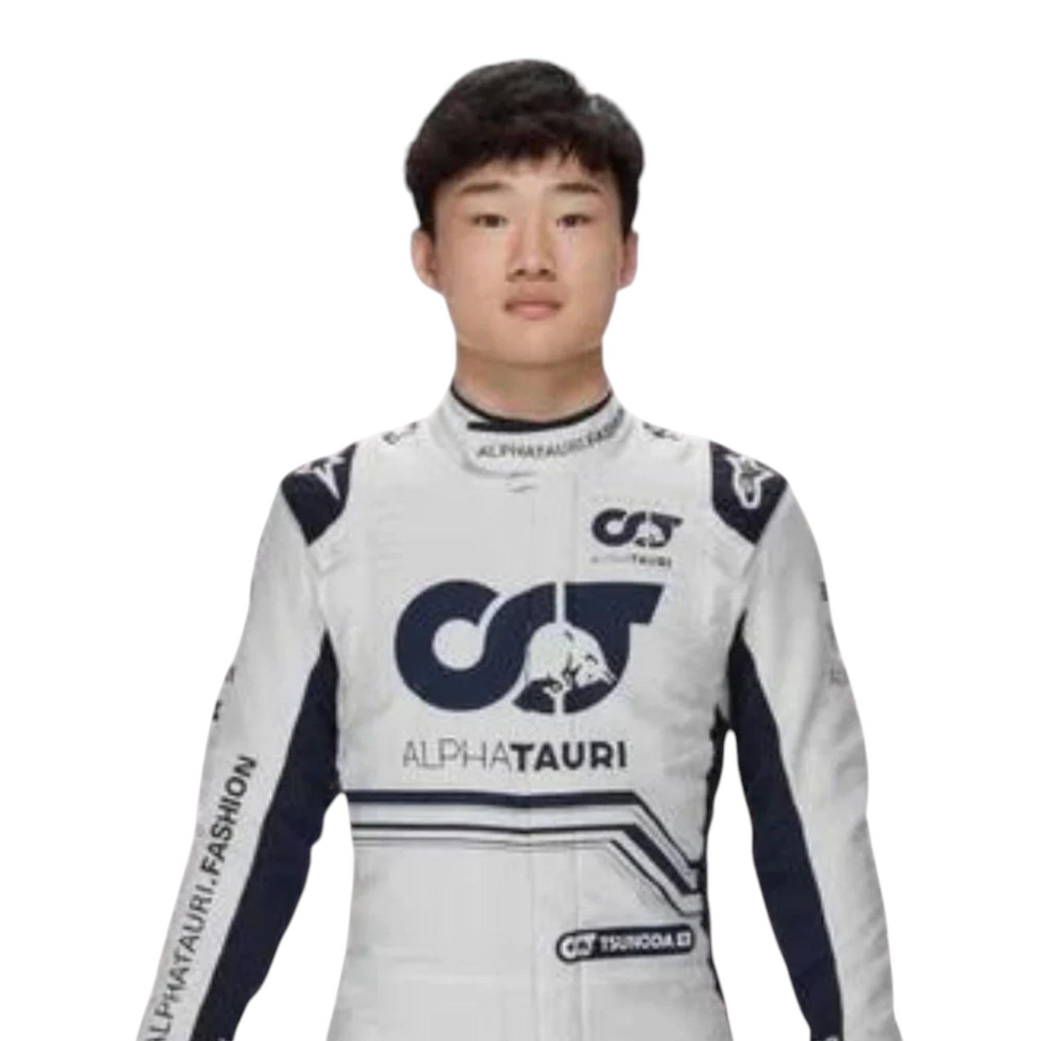 Yuki Tsunoda 2022 AlphaTauri F1 race suit in white and navy blue with sponsor logos