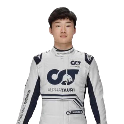 Yuki Tsunoda 2022 AlphaTauri F1 race suit in white and navy blue with sponsor logos