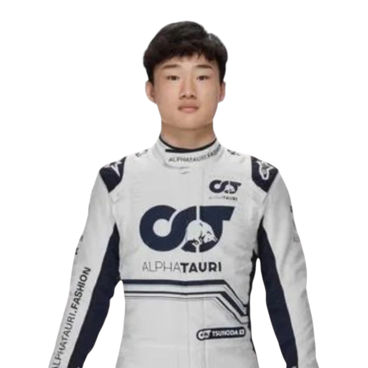 Yuki Tsunoda 2022 AlphaTauri F1 race suit in white and navy blue with sponsor logos