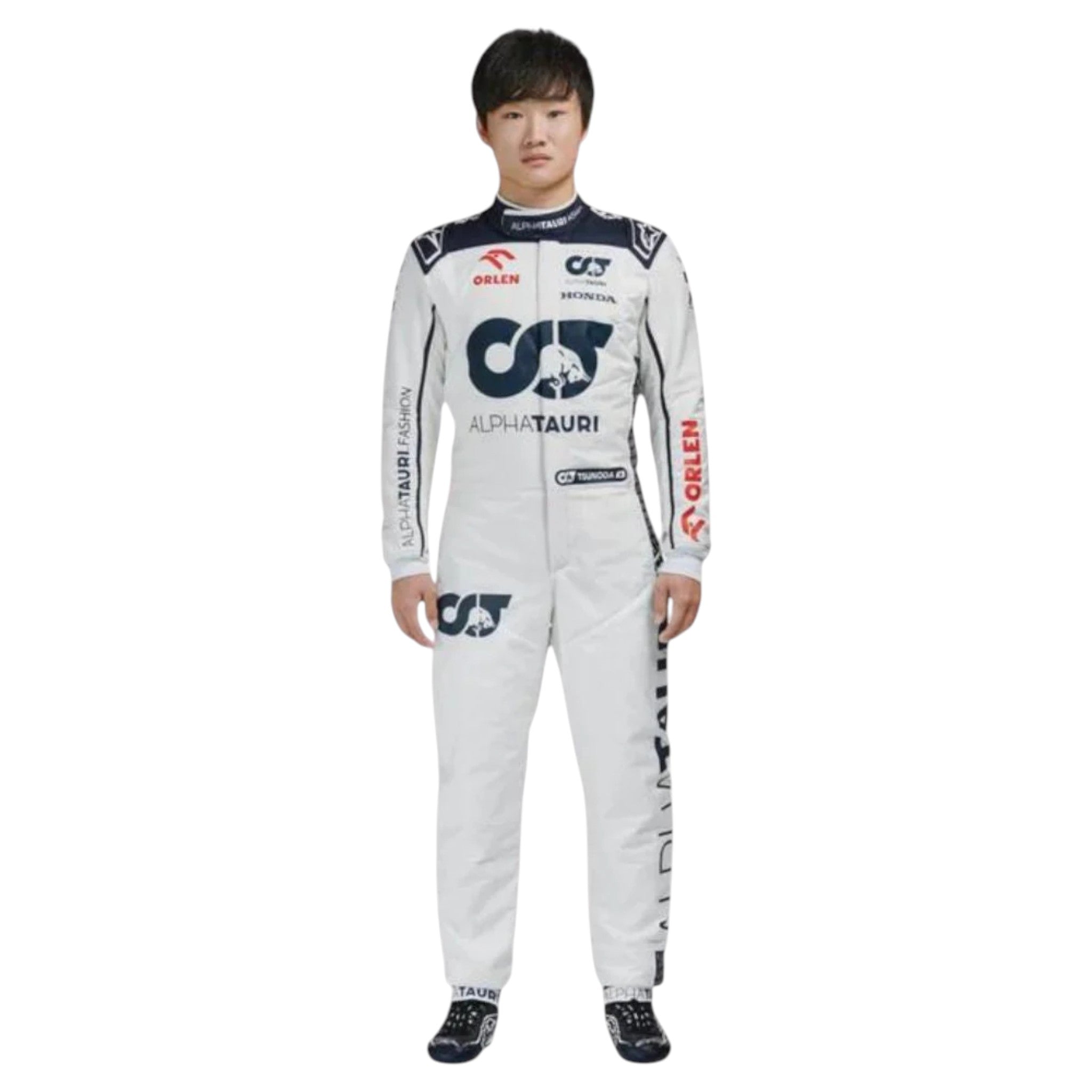 Yuki Tsunoda 2023 AlphaTauri F1 race suit in white with navy blue detailing and sponsor logos
