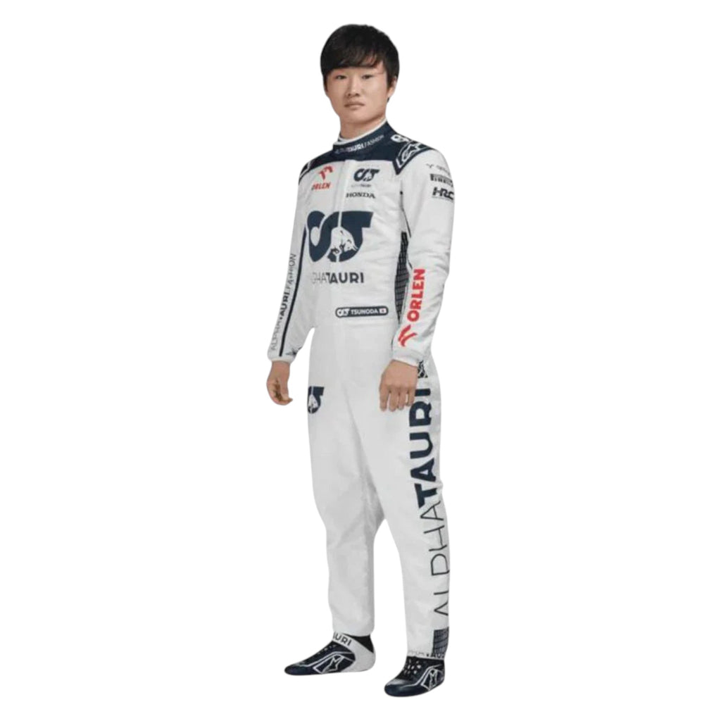 Yuki Tsunoda 2023 AlphaTauri F1 race suit in white with navy blue detailing and sponsor logos