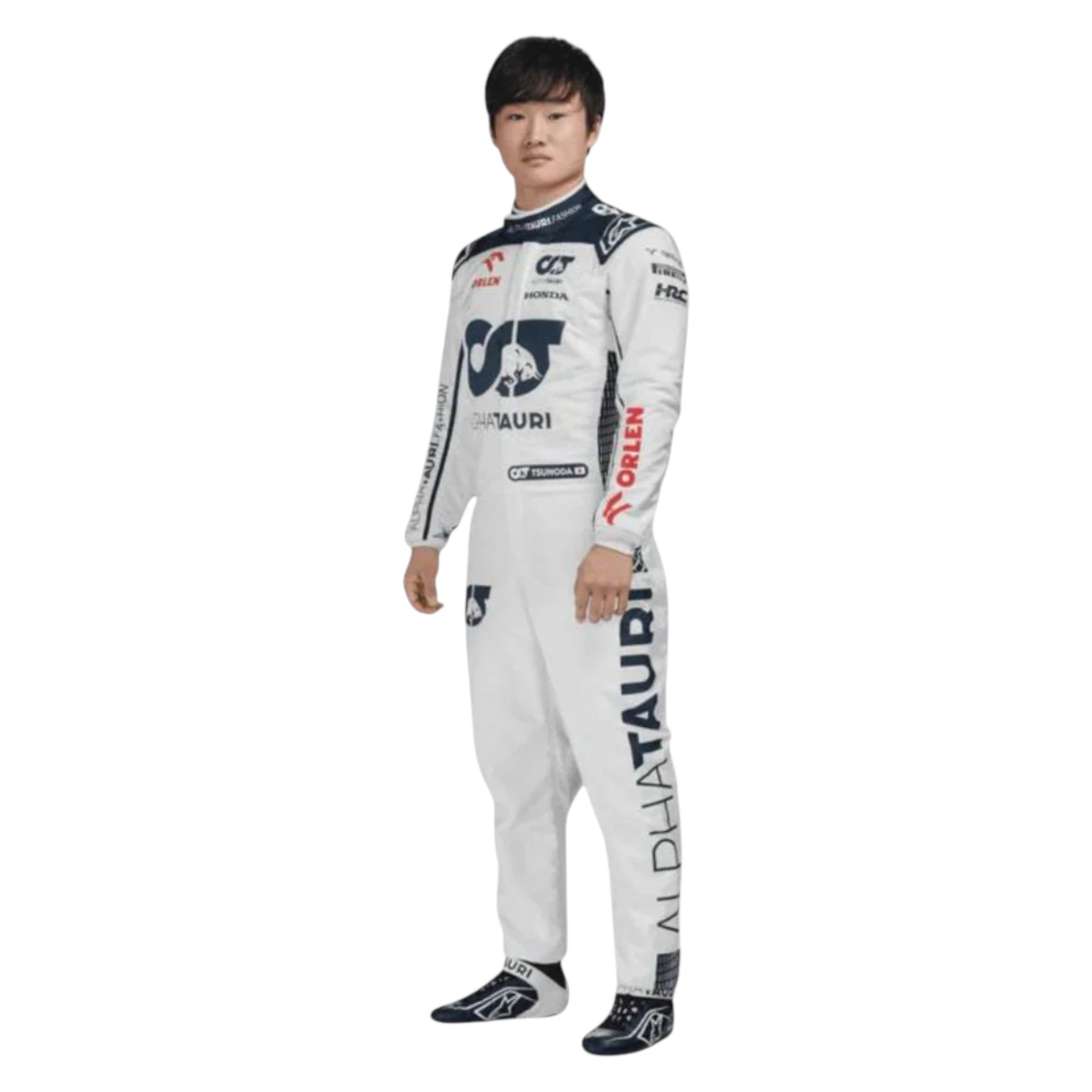 Yuki Tsunoda 2023 AlphaTauri F1 race suit in white with navy blue detailing and sponsor logos