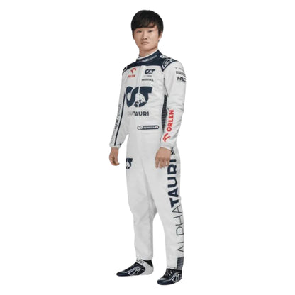 Yuki Tsunoda 2023 AlphaTauri F1 race suit in white with navy blue detailing and sponsor logos