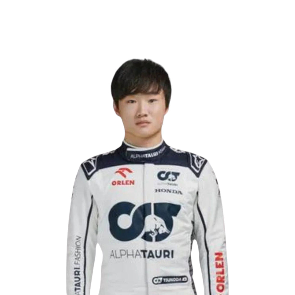 Yuki Tsunoda 2023 AlphaTauri F1 race suit in white with navy blue detailing and sponsor logos