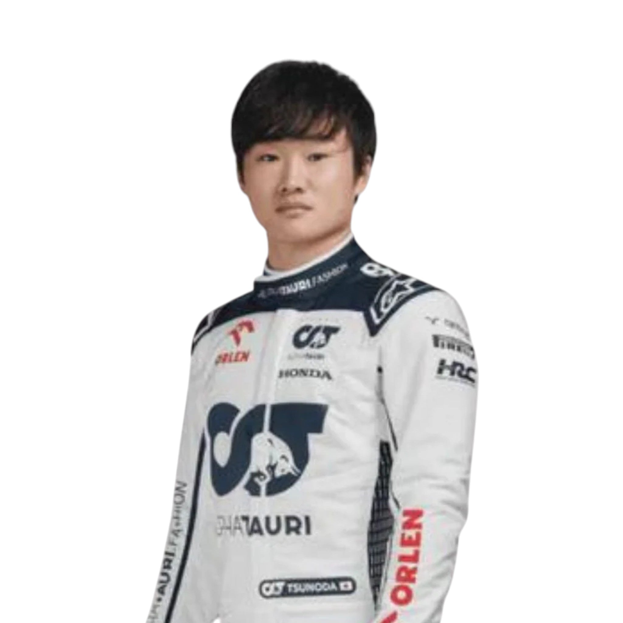 Yuki Tsunoda 2023 AlphaTauri F1 race suit in white with navy blue detailing and sponsor logos