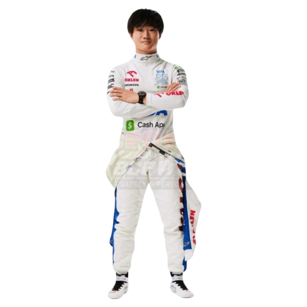 Yuki Tsunoda 2024 AlphaTauri F1 race suit in white with navy blue panels and sponsor logos