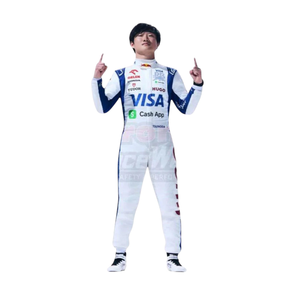 Yuki Tsunoda 2024 AlphaTauri F1 race suit in white with navy blue panels and sponsor logos