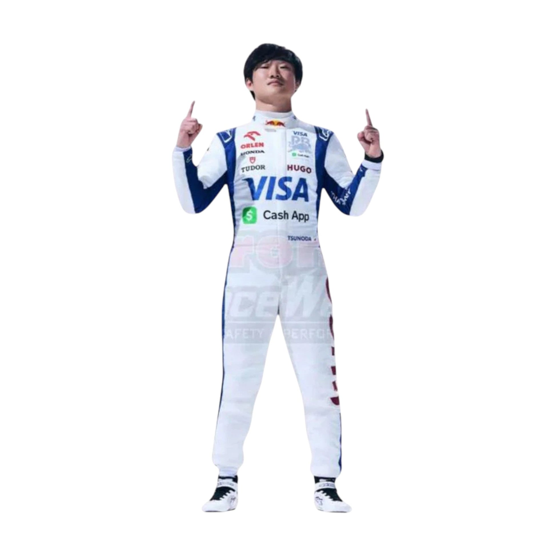 Yuki Tsunoda 2024 AlphaTauri F1 race suit in white with navy blue panels and sponsor logos