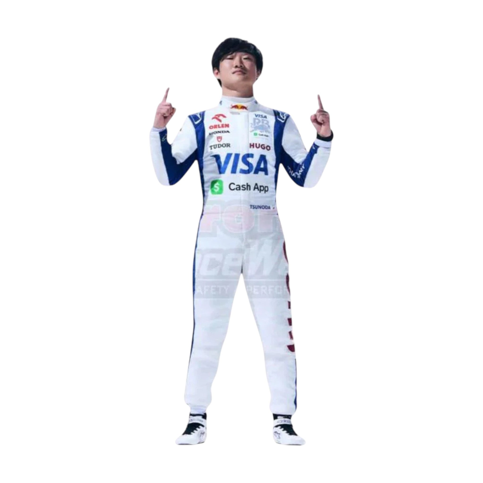 Yuki Tsunoda 2024 AlphaTauri F1 race suit in white with navy blue panels and sponsor logos