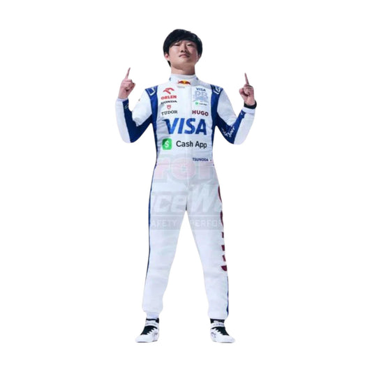 Yuki Tsunoda 2024 AlphaTauri F1 race suit in white with navy blue panels and sponsor logos