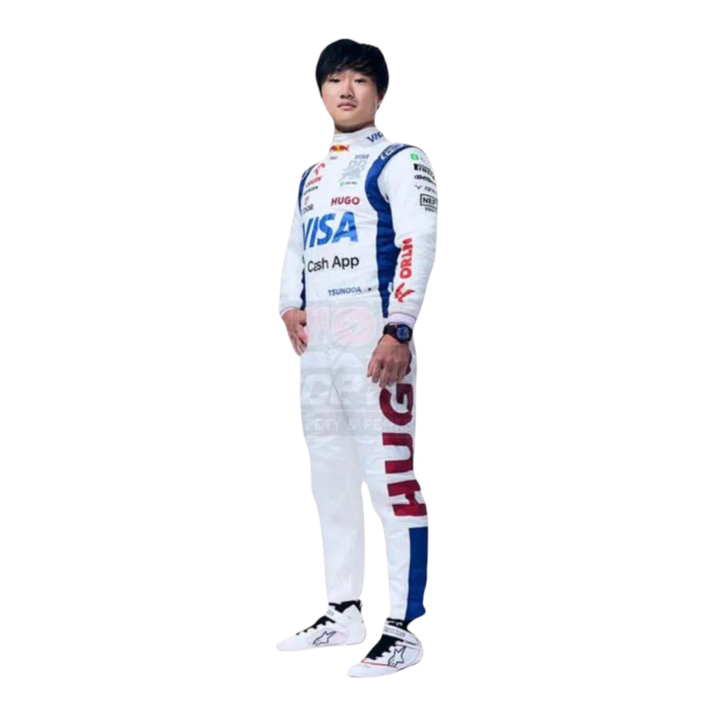 Yuki Tsunoda 2024 AlphaTauri F1 race suit in white with navy blue panels and sponsor logos