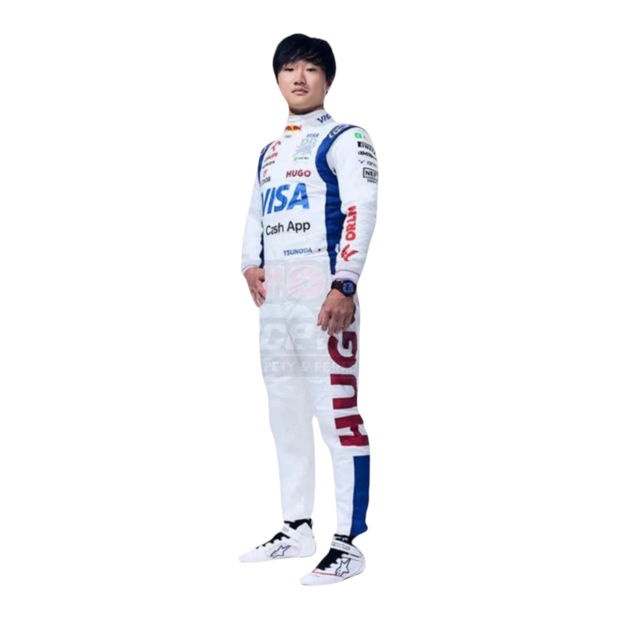 Yuki Tsunoda 2024 AlphaTauri F1 race suit in white with navy blue panels and sponsor logos