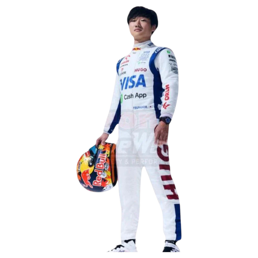 Yuki Tsunoda 2024 AlphaTauri F1 race suit in white with navy blue panels and sponsor logos