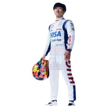Yuki Tsunoda 2024 AlphaTauri F1 race suit in white with navy blue panels and sponsor logos