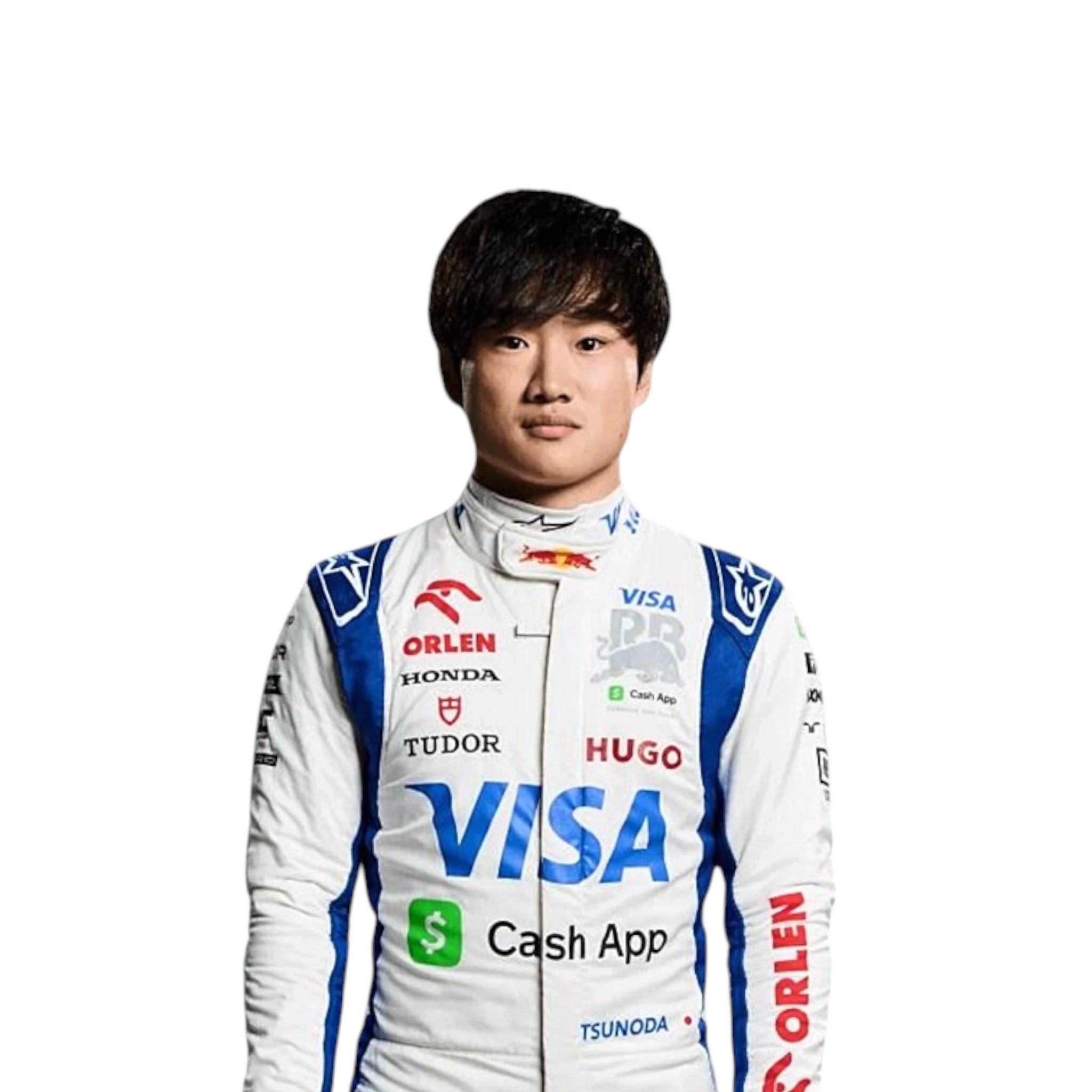 2024 Racing Bulls Formula 1 suit design in white with deep blue side sections and red accent details associated with Yuki Tsunoda
