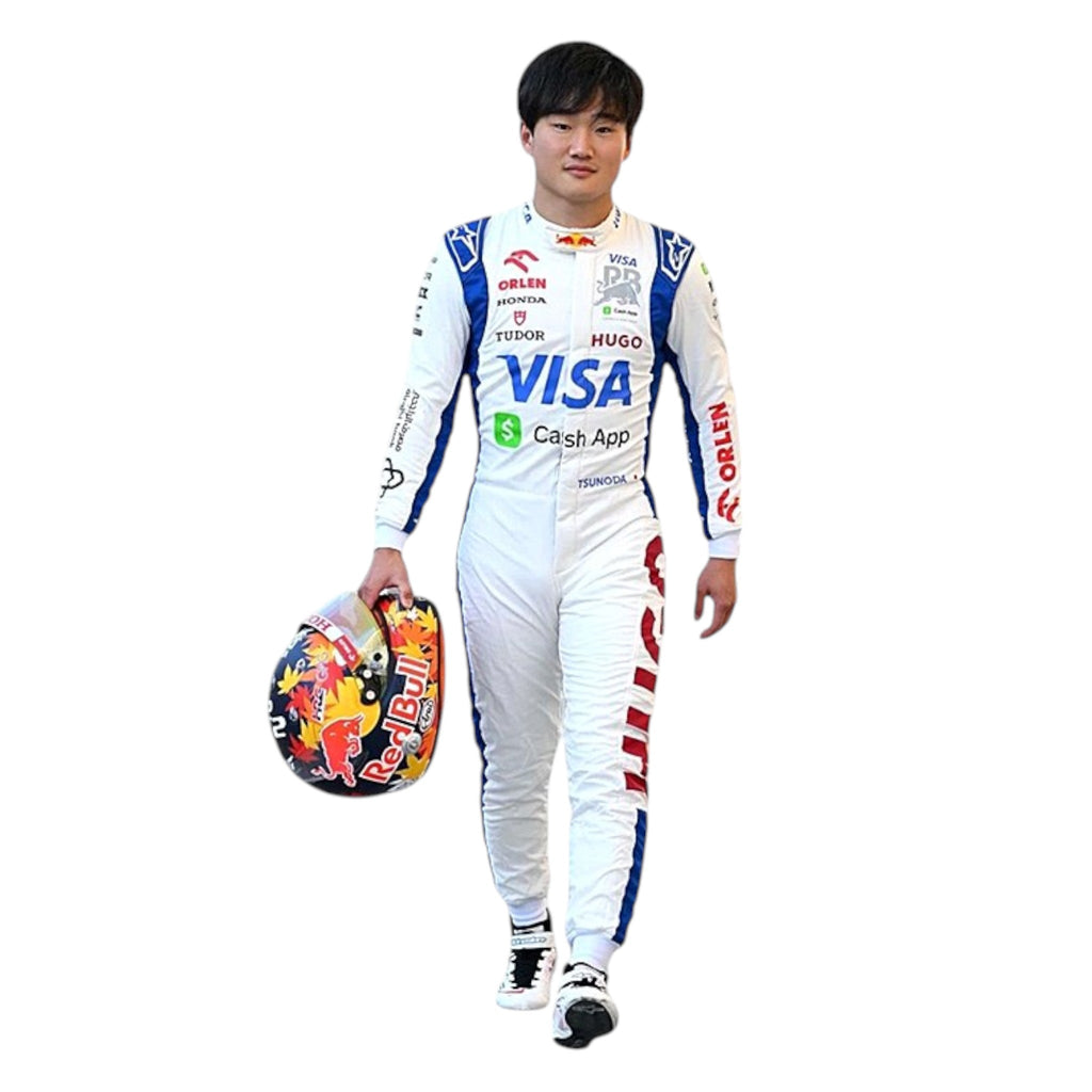 2024 Racing Bulls Formula 1 suit design in white with deep blue side sections and red accent details associated with Yuki Tsunoda
